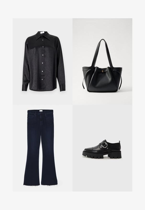 Chemise noire à manches longues avec un col, présentant une texture froissée, une fermeture à boutons sur le devant et des poignets. Fabriquée en tissu lisse.; Mother THE WEEKENDER FRAY - Jean bootcut - dark blue denim; Chaussures noires en cuir avec une semelle épaisse et côtelée, présentant un accent en métal argenté circulaire et des détails de couture minimalistes.; Sac en cuir noir avec deux longues anses, un haut resserré et un accent circulaire doré. Texture lisse avec un design minimaliste.