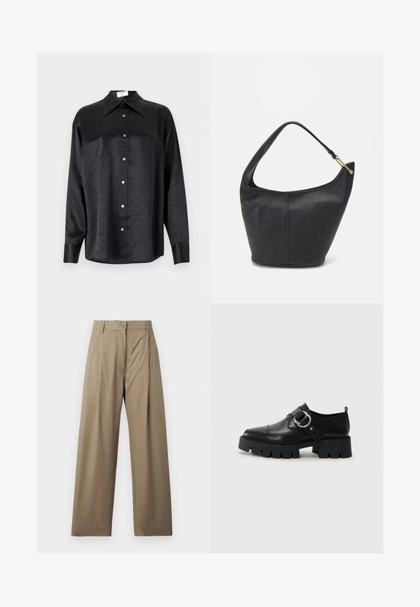 Črna srajca z dolgimi rokavi in ovratnikom, ki ima gubasto teksturo, celotno zapenjanje na gumb in manšete. Izdelana iz gladkega materiala.; Khaki široke hlače iz mešanice bombaža, z gumbom za zapiranje, stranskimi žepi in gladko teksturo z rahlim sijajem.; Črne usnjene čevlje z debelim, rebrastim podplatom, ki imajo okroglo srebrno kovinsko dodatno opremo in minimalne šive.; Črna usnjena torbica ovalne oblike, s širokim pasom in teksturirano površino. Ima subtilno šivano podrobnost in zlate dodatke.