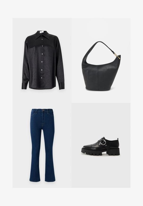 Musta pikemate varrukatega särk, millel on krae ja kortsus tekstuur, täispikk nööpidega eesmine osa ja varrukate mansetid. Valmistatud siledast kangast.; Tumed sinised kõrge vöökohaga teksapüksid, mille allääres on veidi laiem lõpetus, esipocketitega ja nööbiga kinnitamine.; Mustad musta naha jalanõud, millel on jäme ribaga tallad, ringikujuline hõbedane detail ja minimaalne õmblusdetail.; Musthave musta nahast käekott ümarate servadega, laia rihmaga ja tekstureeritud pinnaga. Omab peenelt õmblust detailina ning kullatooni aksessuaare.