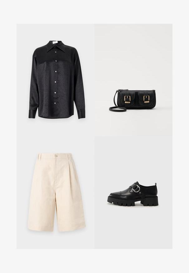 Svart langermet skjorte med krage, som har en rynket tekstur, fullt knappet front og mansjetter. Laget av et glatt stoff.; Beige linshorts med avslappet passform, med knappeåpning, plissédesign og kne-lengde. Glatt tekstur og enkel stil.; Sorte læringssko med en kraftig ribbet såle, som har en sirkulær sølvfarget detalj og minimal sømdekorasjon.; Svart skinn crossbody veske med to frontlommer, gyldne spenner, glidelåslukking og en slank stropp. Teksturert overflate og kompakt rektangulær form.