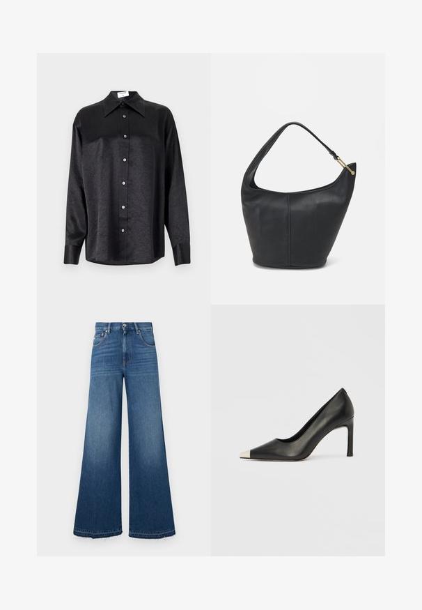 Svart langermet skjorte med krage, som har en rynket tekstur, fullt knappet front og mansjetter. Laget av et glatt stoff.; Vide benbukser i mørkeblå, med høj talje, fem lommer og en frynset kant for en afslappet pasform og et casual look.; Svart lærsko med høye hæler, spiss tå og metallisk sølvhette. Har en glatt finish og en slank hæl på 10 cm.; Svart lærveske med en rund form, bred stropp og strukturert overflate. Har en subtil sømdetalj og gullfarget beslag.
