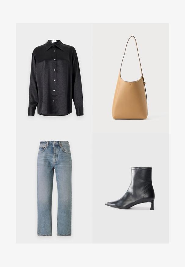 Melnas garām piedurknēm krekls ar apdari, kas piedāvā samocītu tekstūru, pilnu pogu priekšpusi un aproces. Izgatavots no gludas auduma.; Gai zila džinsu bikses ar taisnu piegriezumu, augstu jostasvietu un klasisku piecu kabatu dizainu. Iezīme ir viegla izbalēšana un rāvējslēdzēja aizdare.; Melnas ādas potītes zābaki ar norādītu pirkstu un elegantu dizainu. Iezīmē zemu papēdi un rāvējslēdzēja aizdari aizmugurē. Gluda tekstūra.; Gaisas brūnās ādas pleca soma ar gludu tekstūru, minimālisma dizainu, vienu izliekta formā esošu siksnu un vieglu aparatūru.