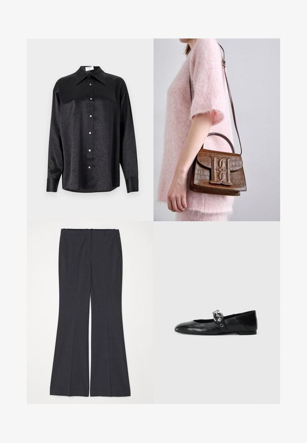 Black long-sleeve shirt with a collared neckline, featuring a crinkled texture, full button front, and cuffs. Made from a smooth fabric.; Dark gray flared trousers made of textured fabric with front pockets, a flat front, and belt loops at the waistband. No visible closures.; Black leather ballet flats with a pointed toe, featuring a strap with a circular metallic buckle and a flat sole.; Brown crocodile-embossed handbag with a top handle and shoulder strap. Features a prominent logo on the front flap. Soft texture.