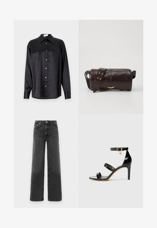 Schwarzes Langarmhemd mit kragenförmigem Halsausschnitt, mit einem zerknitterten Textur, voller Knopfleiste und Manschetten. Hergestellt aus einem glatten Stoff.; Schwarze, hochtaillierte, gerade geschnittene Jeans aus Denim mit vorderem Knopf und Reißverschluss, zwei vorderen Taschen und zwei hinteren Taschen.; Schwarze Lackleder-Sandale mit drei Riemen, Knöchelriemen und 10 cm hohen Stiletto-Absatz. Verfügt über goldfarbene Hardware-Details und ein Logo-Charm.; Braune, krokodilgeprägte Lederhandtasche mit zylindrischer Form, goldfarbener Hardware und einem abnehmbaren Tragegurt mit Nieten.