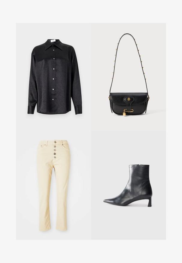 Musta pikemate varrukatega särk, millel on krae ja kortsus tekstuur, täispikk nööpidega eesmine osa ja varrukate mansetid. Valmistatud siledast kangast.; Beežid teksad, mis on valmistatud puuvillast, viie metallnupuga esiseos ja sirged sääred. Sile tekstuur ja klassikaline disain.; Mustad mustall nahkasaabas terava nina ja stiilse disainiga. Omab madalat konts ja luku sulgemist taga. Sile tekstuur.; Mustmust kotist käekott, millel on struktureeritud disain, kuldne logo, lukk ja ahelaga õlavarre rihm.