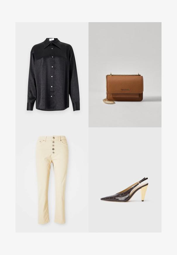 Musta pikemate varrukatega särk, millel on krae ja kortsus tekstuur, täispikk nööpidega eesmine osa ja varrukate mansetid. Valmistatud siledast kangast.; Beežid teksad, mis on valmistatud puuvillast, viie metallnupuga esiseos ja sirged sääred. Sile tekstuur ja klassikaline disain.; Kitsas varbaga slingback konts tumepruunis läikivas kunstkrokodillinahast. Omab kuldse tooni geomeetrilist kontsa ja reguleeritavat pahkluu rihma.; Pruun tekstureeritud nahk ristkeha kott kuldse ahelaga rihmaga ja klapiga sulgemine. Esiküljel on logo detail ja tasku klapi all.
