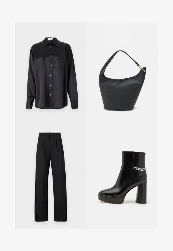 Crna košulja dugih rukava s ovratnikom, s naboranom teksturom, potpuno dugmadi naprijed i manžetama. Izrađena od glatkog materijala.; Crne krojene hlače s glatkom teksturom, širokim nogavicama, prednjim plisiranim detaljima i bočnim prorezima na rubovima za dodatni stil i pokret.; Crne lakirane kožne gležnjače s debelim platformom i visokim blok štiklom. Imaju srebrni lanac kao detalj sa strane. Glatka tekstura.; Crna kožna torba za ruke s zaobljenim oblikom, širokim remenom i teksturiranim završetkom. Sadrži suptilan detalj šava i zlatnu metalnu akcentu.