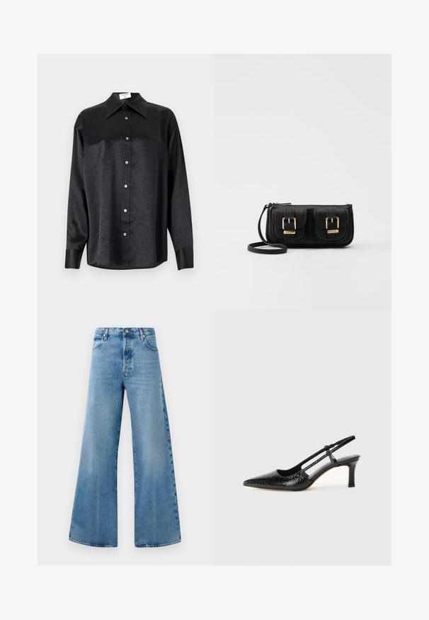 Zwarte blouse met lange mouwen en een kraag, voorzien van een gekreukt oppervlak, volwaardige knopen aan de voorkant en manchetten. Gemaakt van een gladde stof.; Lichte spijkerbroek met wijde pijpen en een hoge taille, voorzien van voorzakken, een knoopsluiting en subtiele vervagingsdetails.; Zwart patent slingback hak met een spitse neus, voorzien van een gestructureerde slangenprint, verstelbare band en een korte, gestructureerde blokhak.; Zwarte leren schoudertas met twee vo pockets, gouden gespen, ritsluiting en een smalle band. Tekstuur oppervlak en compacte rechthoekige vorm.