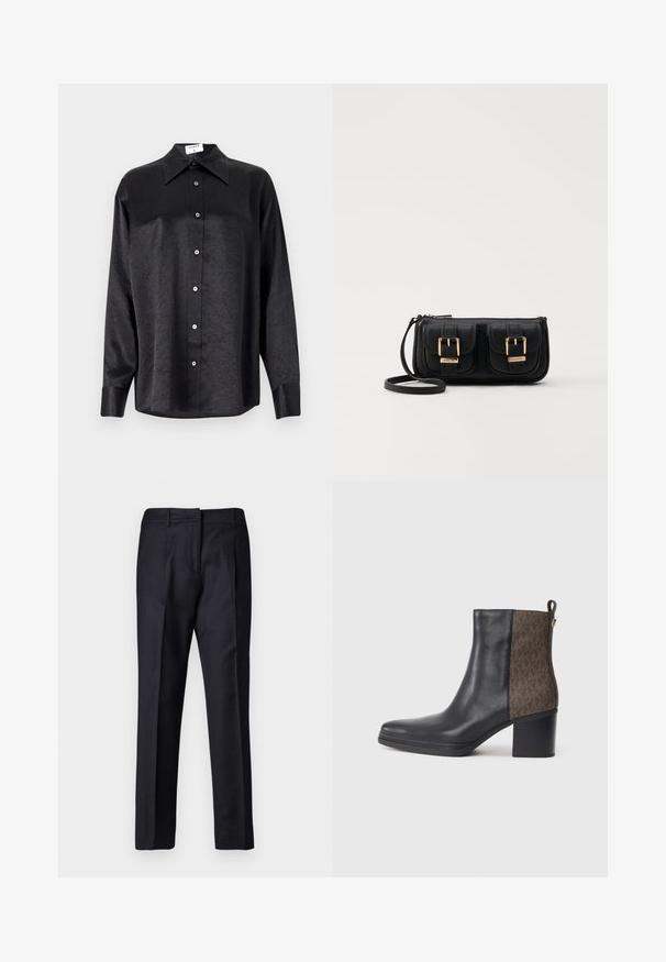 Cămașă neagră cu mânecă lungă, cu guler, cu o textură șifonată, cu nasturi pe toată lungimea și manșete. Fabricată dintr-un material neted.; Pantaloni navy la comandă, cu o textură netedă, având un față plată, pliuri duale și bucle pentru curea. Croială dreaptă, cu tiv finisat.; Botine negre din piele, cu un model texturat de culoare maronie pe lateral, cu toc pătrat și o bucată de tab pentru a fi ușor de purtat.; Geantă neagră din piele, tip crossbody, cu două buzunare frontale, catarame aurii, închidere cu fermoar și o curea subțire. Suprafață texturată și formă rectangulară compactă.