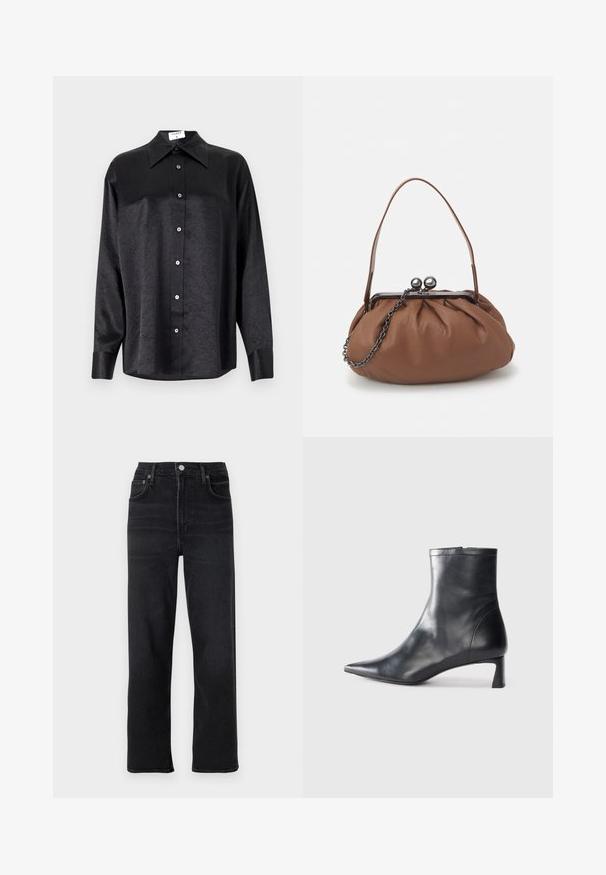 Black long-sleeve shirt with a collared neckline, featuring a crinkled texture, full button front, and cuffs. Made from a smooth fabric.; Black straight-leg jeans made of denim. Features five pockets, a button and zipper closure, and subtle stitching details.; Black leather ankle boot with a pointed toe and a sleek design. Features a low heel and a zipper closure at the back. Smooth texture.; Brown leather handbag with a gathered design, a short leather handle, and a chain strap. Features a silver metal clasp with two round accents.