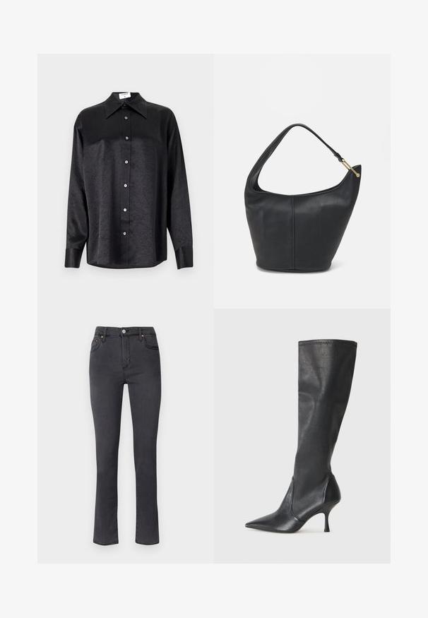 Crna košulja dugih rukava s ovratnikom, s naboranom teksturom, potpuno dugmadi naprijed i manžetama. Izrađena od glatkog materijala.; Tamno sivi traperice sa ravnim nogavicama, izrađene od denima. Imaju dugme i zatvarač, prednje džepove i suptilne detalje šava.; Čizme od crne kože visine do koljena s šiljastim nosom i uskim stiletto potpeticama. Glatka tekstura s tijesnim dizajnom i šavovima na gornjoj ivici.; Crna kožna torba za ruke s zaobljenim oblikom, širokim remenom i teksturiranim završetkom. Sadrži suptilan detalj šava i zlatnu metalnu akcentu.