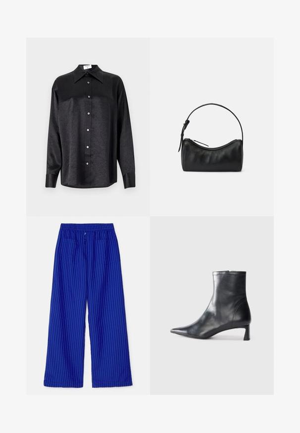 Czarna koszula z długim rękawem i kołnierzykiem, o pogniecionej teksturze, z pełnym zapięciem na guziki z przodu oraz mankietami. Wykonana z gładkiego materiału.; Baum und Pferdgarten NIBAL niebieski; Czarne skórzane botki sięgające kostki z ostrym noskiem i eleganckim designem. Posiadają niski obcas oraz zamek błyskawiczny z tyłu. Gładka faktura.; Czarna skórzana torba na ramię o zaokrąglonym kształcie, z zamkiem błyskawicznym i wąskim paskiem. Charakteryzuje się gładką fakturą i subtelnymi stębnowaniami.