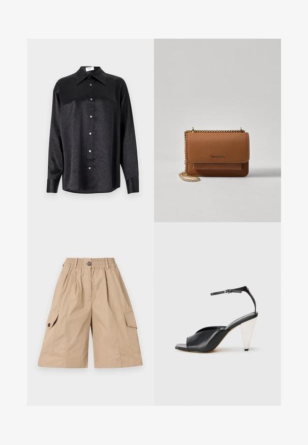 Fekete, hosszú ujjú ing, galléros nyakkal, gyűrött textúrával, teljes gombos elejével és mandzsettákkal. Simaságú anyagból készült.; Beige cargo sort egy rugalmas derékkal, gombos záródással, két oldalsó zsebbel és két cargo zsebbel, amelyek hajtókával és gombos díszítéssel rendelkeznek.; Fekete bőr magassarkú szandál nyitott orral, aszimmetrikus dizájnnal, bokapánttal és fémes kúpos sarokkal. Az anyag sima textúrájú.; Barna textúrájú bőr keresztbody táska arany lánc pánttal és fedélzárral. Az elején logó részlet és egy zseb található a fedél alatt.