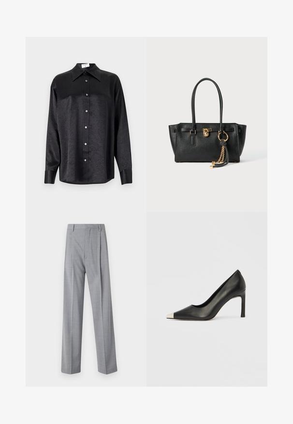 Black long-sleeve shirt with a collared neckline, featuring a crinkled texture, full button front, and cuffs. Made from a smooth fabric.; Gray, lightweight trousers with a tailored fit, featuring a smooth texture, subtle pattern, and two front pleats for added detail.; Black leather high heel shoe with a pointed toe and a metallic silver cap. Features a smooth finish and a slender 10 cm heel.; Black leather handbag with double handles, gold lock and chain detail, and black-and-white tassel accessory against white background.