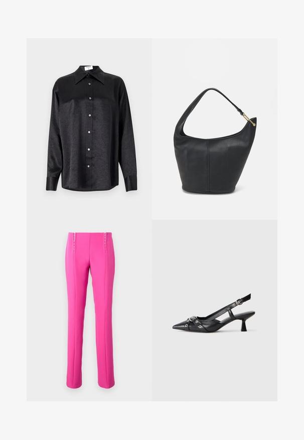 Black long-sleeve shirt with a collared neckline, featuring a crinkled texture, full button front, and cuffs. Made from a smooth fabric.; Pink fitted trousers with a smooth texture, featuring visible stitching accents and a straight leg cut.; Black leather slingback shoe with a pointed toe, decorative straps featuring metal eyelets, and a low block heel. Textured surface.; Black leather handbag with a rounded shape, a wide strap, and a textured finish. Features a subtle seam detail and a gold-tone hardware accent.
