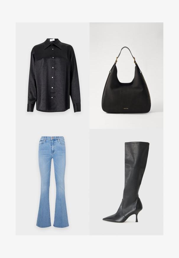 Musta pitkähiha vaarallista paitaa, jossa on kauluspanta, ryppytynyt pinta, täysi napitus edessä ja hihansuut. Valmistettu sileästä kankaan.; Vaaleansiniset leveälahkeiset farkut, joissa on korkea vyötärö, valmistettu denimpluuvista, etutaskut ja hillitty haalistunut pinta.; Polvisuuriset mustat nahkasaappaat, joissa on terävä kärki ja hoikka stiletto-korko. Silkkinen pinta, tiukka muotoilu ja ompeleet yläreunassa.; MICHAEL Michael Kors NOLITA HOBO  - Käsilaukku - black