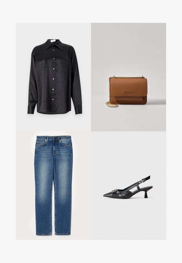 Camisa negra de manga larga con cuello, que presenta una textura arrugada, botón frontal completo y puños. Fabricada en un tejido suave.; Jeans de denim azul claro con corte recto, diseño tradicional de cinco bolsillos, con un frente desgastado y acentos de costura a lo largo de las costuras.; Zapato de slingback negro de piel con punta afilada, correas decorativas con ojales de metal y un tacón bajo y ancho. Superficie texturizada.; Bolso crossbody de cuero texturizado marrón con correa de cadena dorada y cierre de solapa. La parte frontal presenta un detalle de logo y un bolsillo debajo de la solapa.