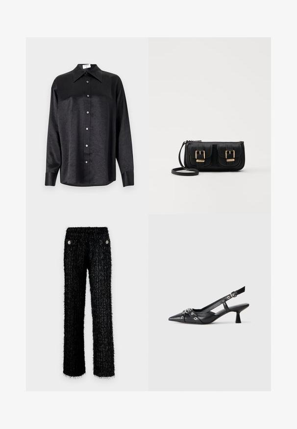 Schwarzes Langarmhemd mit kragenförmigem Halsausschnitt, mit einem zerknitterten Textur, voller Knopfleiste und Manschetten. Hergestellt aus einem glatten Stoff.; Schwarze, flauschige Hose mit strukturiertem Design, hoher Taille und zwei vorderen Taschen, die mit runden, floralen Verzierungen geschmückt sind.; Schwarzer Leder-Slingback-Schuh mit spitz zulaufender Zehenpartie, dekorativen Riemen mit METALLÖSEN und niedrigem Blockabsatz. Strukturelle Oberfläche.; Schwarze Leder-Umhängetasche mit zwei vorderen Taschen, goldenen Schnallen, Reißverschluss und einem schmalen Tragegurt. Texturierte Oberfläche und kompakte rechteckige Form.