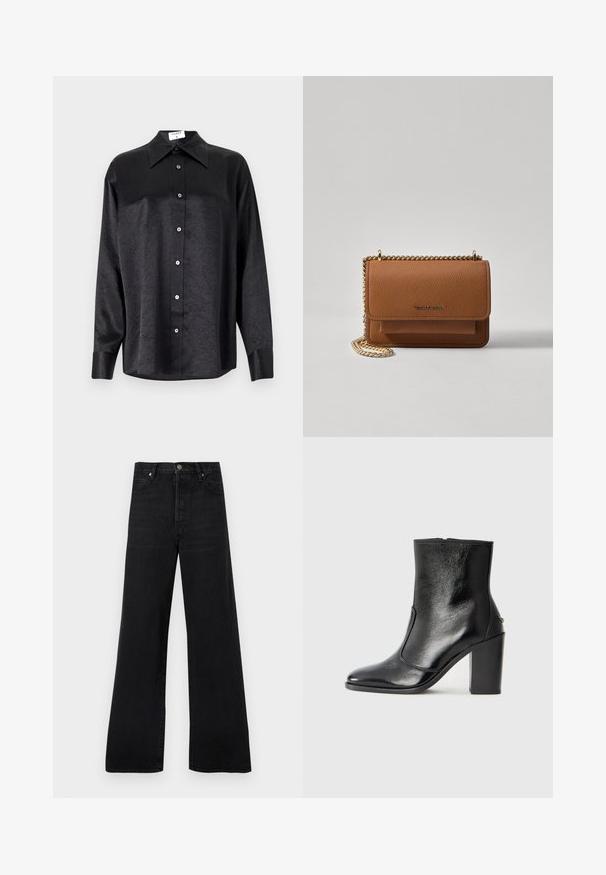 Juodas ilgarankovis marškinis su apykakle, turintis plėšyta tekstūra, visiško mygtukų uždarymo priekyje ir rankogaliais. Pagamintas iš lygaus audinio.; Juodos plačios džinsų kelnės iš džinso audinio, aukštu liemeniu, penkių kišenių dizainu ir mygtuko užsegimu, šiek tiek nublukusia faktūra.; Juodas odinis kulkšninis batas su lygiu paviršiumi, smailiu pirštu ir masyviu aukštu kulnu. Savybė - šoninis atidarymas ir minimalistiškas dizainas.; Ruda tekstūruota odinė per petį nešama rankinė su auksiniu grandininiu dirželiu ir užlenkiamo užsegimo. Priekinėje pusėje yra logotipo detalė ir kišenė po užlenkimu.