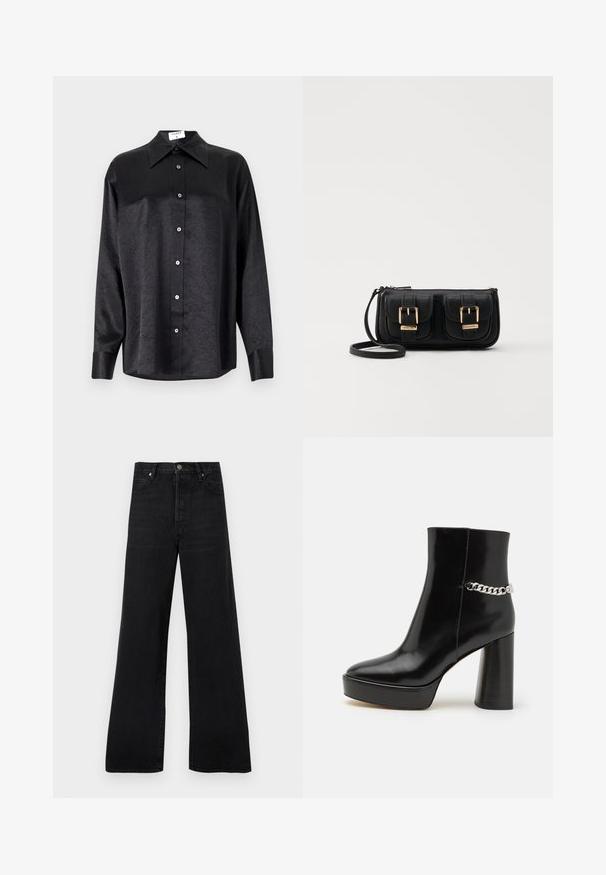 Camicia nera a maniche lunghe con colletto, caratterizzata da una texture stropicciata, chiusura frontale con bottoni e polsini. Realizzata in un tessuto morbido.; Jeans neri a gamba larga in denim, con vita alta, design a cinque tasche e chiusura con bottone, con una texture leggermente sbiadita.; Stivale alla caviglia in vernice nera con una piattaforma chunky e un tallone alto a blocco. Presenta un accento di catena argentata sul lato. Texture liscia.; Borsa a tracolla nera in pelle con due tasche frontali, fibbie dorate, chiusura con zip e una tracolla sottile. Superficie texturizzata e forma rettangolare compatta.