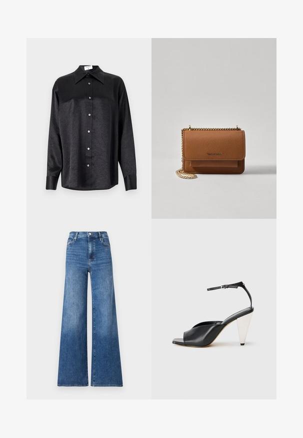 Black long-sleeve shirt with a collared neckline, featuring a crinkled texture, full button front, and cuffs. Made from a smooth fabric.; Wide-leg blue denim jeans with a high waist, featuring a button closure, front pockets, and subtle fading for texture.; Black leather high heel sandal with open toe, asymmetrical design, ankle strap, and a metallic cone-shaped heel. Smooth texture throughout.; Brown textured leather crossbody bag with gold chain strap and flap closure. Front features logo detail and a pocket under the flap.