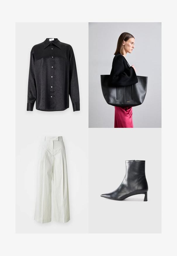 Cămașă neagră cu mânecă lungă, cu guler, cu o textură șifonată, cu nasturi pe toată lungimea și manșete. Fabricată dintr-un material neted.; Pantaloni largi de culoare verde deschis cu dungi verticale albe. Au talie înaltă, bucle pentru curea și o textură netedă din bumbac.; Cizmă de gleznă din piele neagră cu vârf ascuțit și un design elegant. Dispune de un toc mic și de o închidere cu fermoar la spate. Textură netedă.; Geantă tote din piele neagră cu un finisaj texturat, având două linii verticale, bretele duble pentru umăr și un design minimalist.