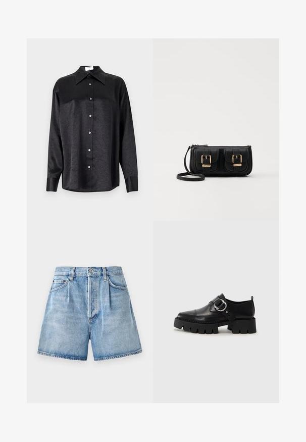 Svart langermet skjorte med krage, som har en rynket tekstur, fullt knappet front og mansjetter. Laget av et glatt stoff.; Lys blå denimshorts med høy midje, med knapp- og glidelåsfunksjon, frontlommer og råkutt nederst.; Sorte læringssko med en kraftig ribbet såle, som har en sirkulær sølvfarget detalj og minimal sømdekorasjon.; Svart skinn crossbody veske med to frontlommer, gyldne spenner, glidelåslukking og en slank stropp. Teksturert overflate og kompakt rektangulær form.