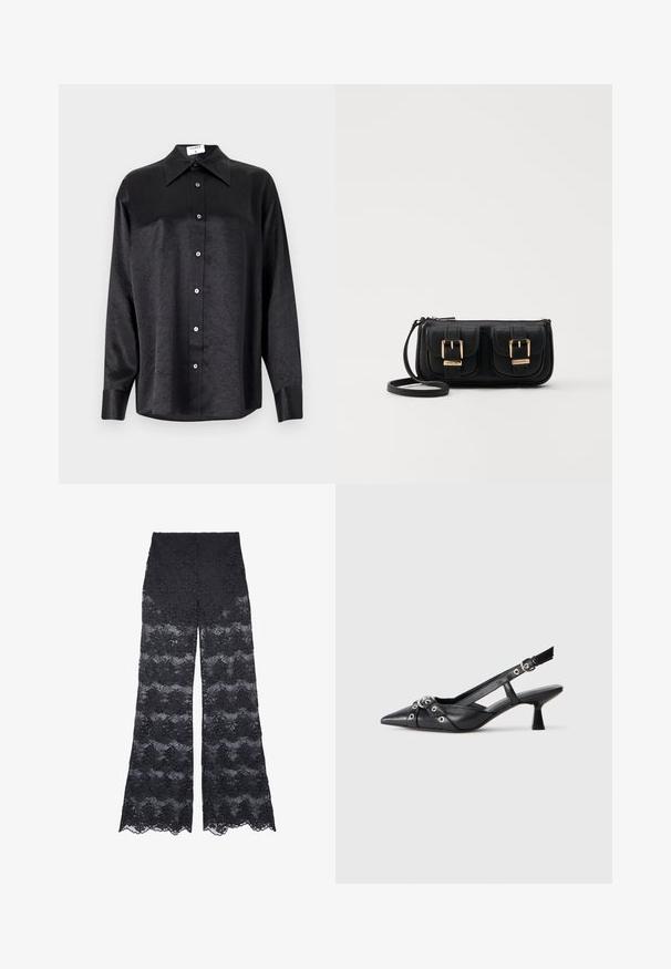 Black long-sleeve shirt with a collared neckline, featuring a crinkled texture, full button front, and cuffs. Made from a smooth fabric.; Black lace wide-leg pants featuring a patterned design with floral motifs and scalloped edges, offering a sheer texture throughout.; Black leather slingback shoe with a pointed toe, decorative straps featuring metal eyelets, and a low block heel. Textured surface.; Black leather crossbody bag with two front pockets, gold buckles, zipper closure, and a slim strap. Textured surface and compact rectangular shape.