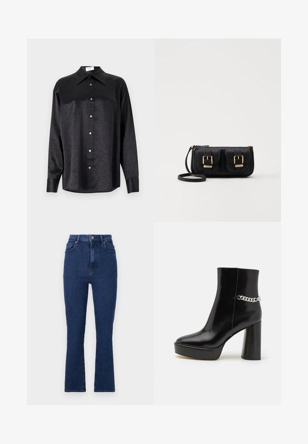 Crna košulja dugih rukava s ovratnikom, s naboranom teksturom, potpuno dugmadi naprijed i manžetama. Izrađena od glatkog materijala.; Tamno plave traperice visokog struka u denim materijalu s ravnim nogavicama, s prednjim džepovima i zatvaranjem na metalnu dugmad.; Crne lakirane kožne gležnjače s debelim platformom i visokim blok štiklom. Imaju srebrni lanac kao detalj sa strane. Glatka tekstura.; Crna kožna torba preko ramena s dva prednja džepa, zlatnim kopčama, zatvaranjem na zip i uskim remenom. Teksturirana površina i kompaktan pravokutan oblik.