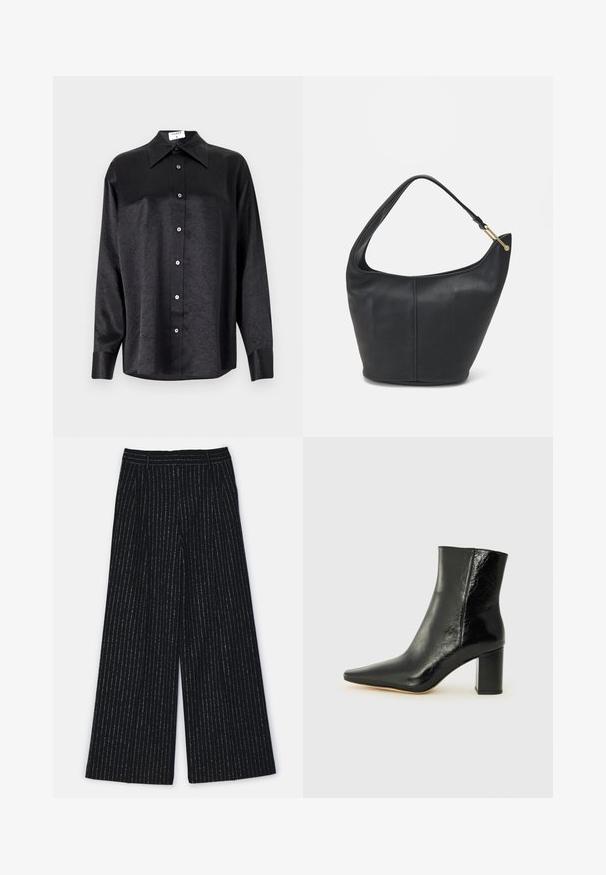 Zwarte blouse met lange mouwen en een kraag, voorzien van een gekreukt oppervlak, volwaardige knopen aan de voorkant en manchetten. Gemaakt van een gladde stof.; Filippa K DARCEY  - Broek - black; Zwarte enkellaarsjes van glanzend leer met een puntige neus en een stevige, vierkante hak. Heeft een gladde textuur en een minimalistisch ontwerp.; Zwarte leren handtas met een ronde vorm, een brede schouderriem en een gestructureerde afwerking. Bevat subtiele naaddetails en een gouden hardwareaccent.