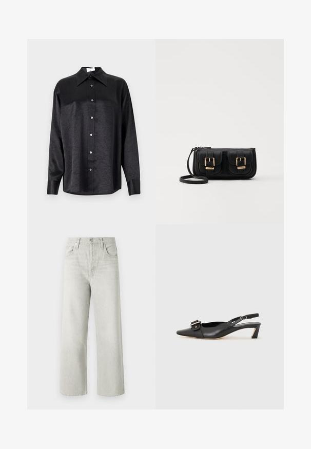 Cămașă neagră cu mânecă lungă, cu guler, cu o textură șifonată, cu nasturi pe toată lungimea și manșete. Fabricată dintr-un material neted.; Jeans largi de culoare gri deschis, din denim, cu talie înaltă, buzunare frontale și închidere cu buton și fermoar.; Pantofii negri din piele cu toc mic, vârf ascuțit și detaliu decorativ cu cataramă pe partea superioară. Textură netedă, design minimal.; Geantă neagră din piele, tip crossbody, cu două buzunare frontale, catarame aurii, închidere cu fermoar și o curea subțire. Suprafață texturată și formă rectangulară compactă.