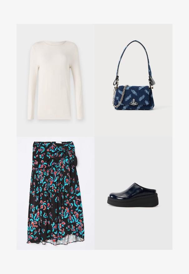 Majica s dolgimi rokavi v off-white barvi, izdelana iz mehkega materiala, z okroglo izrezom in preprostim, prilegajočim dizajnom. Gladka tekstura, brez vzorcev.; Črna midi krilo z barvitim cvetličnim vzorcem v rdeči in turkizni barvi, s pasom na vezanje in gubanim dizajnom za dodatno teksturo.; Mornarško modra lakasta klompa z gladko površino, ki ima debel črn platformski podplat in vidno šivanje ob osnovi.; Mornarsko modra torbica iz blaga z teksturiranim dizajnom, srebrno okovje in snemljiva verižica. Ima zaponko na pokrovu in poudarjen logotip.