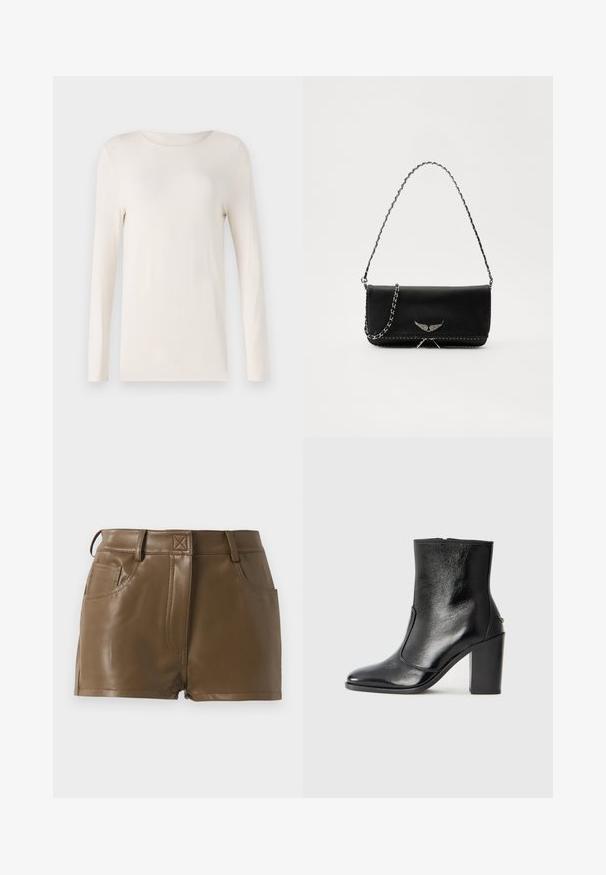 Dlhý rukáv košeľa v off-white farbe, vyrobená z mäkkého materiálu, s okrúhlym výstrihom a jednoduchým, priliehavým strihom. Hladká textúra, bez vzorov.; Hnedé šortky z umelej kože s priliehavým strihom, páskou s pútkami na opasok, prednými vreckami a viditeľnými švami.; Čierna kožená kotníková obuv s hladkým povrchom, špicatou špičkou a masívnym vysokým podpätkom. Zdobená bočným otvorom a minimalistickým dizajnom.; Čierna kožená kabelka so strieborným reťazovým popruhom, so zdobnými krídelnými akcentmi a bielym prešívaním pozdĺž dolného švu.