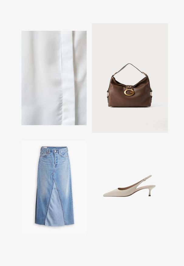 Witte stof met een gladde, zijden textuur, met een subtiele glans en een verticale naaddetail aan de rechterrand.; Lange spijkerrok in lichtblauw met een rafelrand, voorzien van een voornaadpatroon en zakken. Knopen sluiting in de taille.; Beige slingback hakken met een puntige neus en een lage, uitlopende hak. Gemaakt van glad leer met een minimalistisch ontwerp en een verstelbare band.; Bruine leren handtas met een textuurafwerking, voorzien van een gouden sluiting en een enkele, gebogen schouderriem.