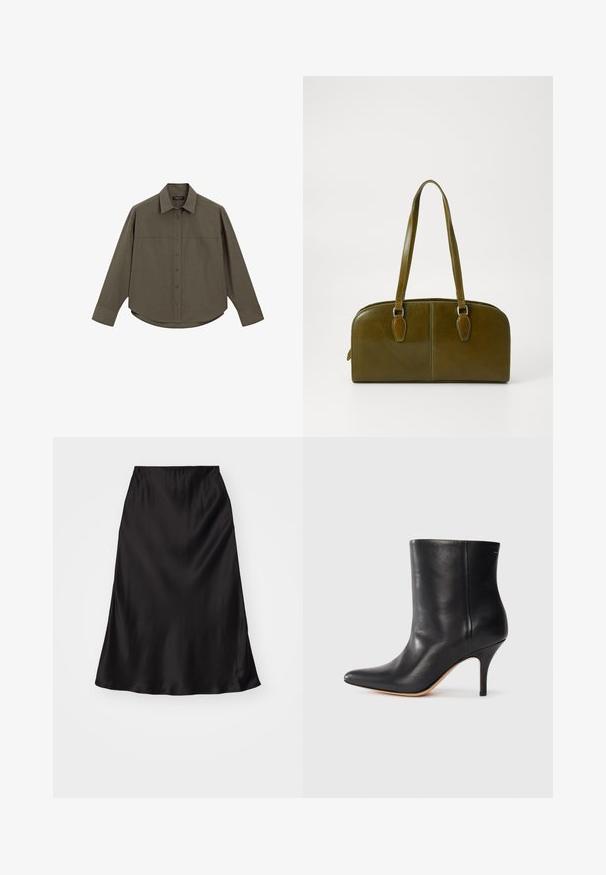 Zelená košile s dlouhým rukávem, button-up, s límečkem, která má přední légu a zaoblený lem. Vyrobena z hladké, strukturované látky.; Černá saténová sukně ve tvaru slip s hladkým povrchem, rozšířeným střihem a elastickým pasem. Minimalistický design, bez dalších vzorů nebo akcentů.; Černá kožená kotníková bota s špičatou špičkou, štíhlým jehlovým podpatkem a hladkým povrchem. Minimalistický design bez viditelného hardwaru nebo akcentů.; Oliveově zelená kožená kabelka zaobleného tvaru, se dvěma uchy a bezšvým předním dílem. Disponuje hladkým povrchem a jemnými švy.