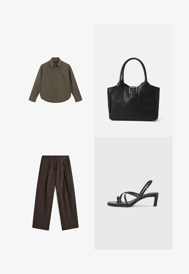 Camicia verde a maniche lunghe con bottoni e colletto, caratterizzata da un placket frontale e un orlo arrotondato. Realizzata in un tessuto liscio e dalla trama interessante.; Pantaloni marroni scuri in un tessuto testurizzato, con gamba larga, frontale plissettato e tasche laterali per una silhouette strutturata.; Sandalo nero con cinturini, dalla punta squadrata e tacco basso a blocco. Presenta diversi cinturini sottili e una cinturini regolabile alla caviglia. Realizzato in pelle liscia.; Borsa tote in pelle nera con texture liscia, forma strutturata, due manici e un evidente dettaglio in fibbia argentata sul davanti.