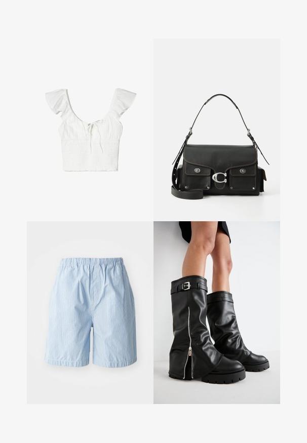 Hvid crop top med korte, flæseærmer, firkantet halsudskæring og et bånddetalje foran. Stoffet er blødt med en tekstureret smock-finish.; Lysblå shorts lavet af stof med lodrette striber. Elastisk talje og opsmøgte kanter, der fremhæver en enkel, afslappet stil.; Sorte læderknæhøje støvler med en bred skaft, der har en sidelukning med lynlås og spændeaccent, tekstureret finish og chunky gummisål.; Sort læderhåndtaske med klaplukning, sølvhardware, to frontlommer, kontrasterende syninger og en aftagelig skulderrem.