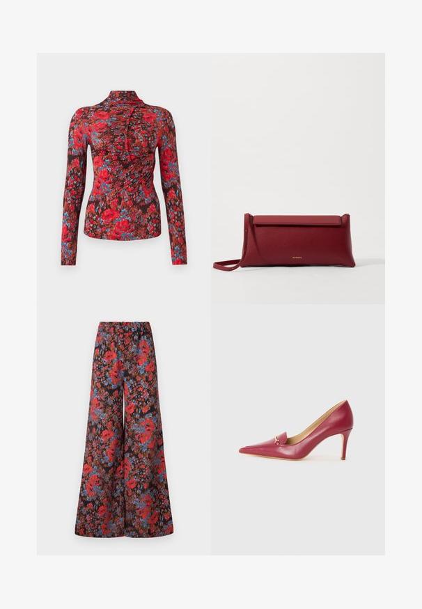 Langærmet bluse i blødt stof med et livligt mønster i røde, blå og brune blomster. Høj krave med rynket design foran.; Breddebukser i sort stof dekoreret med et livligt blomstermotiv i rødt og blåt, med en elastisk talje for komfort.; Rød læder højhælet sko med spids tå og glat overflade, der har en lille flap og detaljer i guld på forfod.; Rød læder clutchtaske med tekstureret overflade, der har et fladt fold-over top og en kort rem. Diskret logo på fronten.