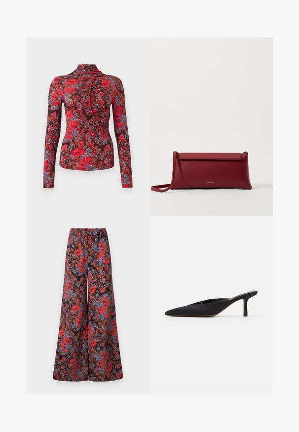 Langarmtop van zachte stof met een levendig bloemenpatroon in rood, blauw en bruin. Hoge kraag met een geplooid ontwerp aan de voorkant.; Wijd-uitlopende broek van zwart stof, versierd met een levendig bloemenpatroon in rood en blauw, met een elastische tailleband voor comfort.; Zwarte muiltje met spitse neus en een strak ontwerp, gemaakt van gladde stof, met een slanke hak en open achterkant voor gemakkelijk aan- en uittrekken.; Rode leren clutch met een gestructureerde afwerking, met een vlakke omvouwtop en een korte strap. Subtiele merklogo op de voorkant.