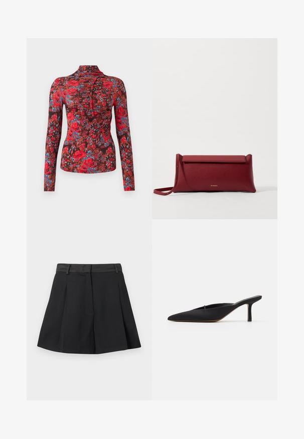 Langarmtop van zachte stof met een levendig bloemenpatroon in rood, blauw en bruin. Hoge kraag met een geplooid ontwerp aan de voorkant.; Zwarte geplooide mini-jurk met tailleband en riemlussen, met een voorclosure die verborgen is achter een klep, weergegeven op een witte achtergrond.; Zwarte muiltje met spitse neus en een strak ontwerp, gemaakt van gladde stof, met een slanke hak en open achterkant voor gemakkelijk aan- en uittrekken.; Rode leren clutch met een gestructureerde afwerking, met een vlakke omvouwtop en een korte strap. Subtiele merklogo op de voorkant.