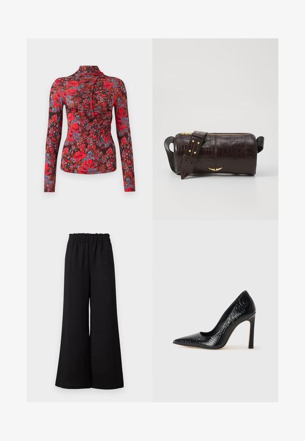 Dolga majica iz mehkega materiala z živahnimi rdečimi, modrimi in rjavimi cvetličnimi motivi. Visok ovratnik z nabranim dizajnom na sprednji strani.; Črne široke hlače s elastičnim pasom, narejene iz teksturirane tkanine, ki imajo ohlapen kroj in ravne robove.; Črne čevlje z visoko peto in konico v obliki puščice, z teksturo krokodilje kože, ki se ponašajo s sleek oblikovanjem, visokim stiletto peto in gladkim črnim notranjostjo.; Brah blaženka iz rjavega usnja z embosiranim krokodilom, cilindrične oblike, zlatih kovinskih elementov in odstranljivim pasom, ki vsebuje žebljičke.