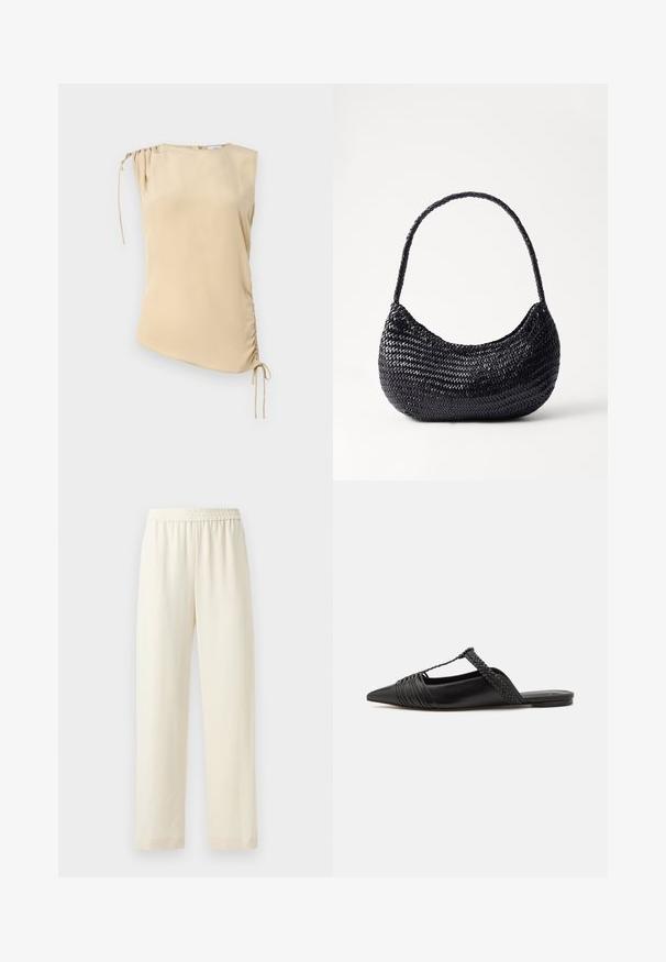 Top beige senza maniche con orlo asimmetrico, caratterizzato da una parte arricciata sulla spalla e lacci regolabili su un lato. Tessuto morbido.; Pantaloni dritti color crema con cintura elastica, texture liscia e senza motivi o elementi metallici visibili.; Scarpa slingback in pelle nera con punta appuntita, con un dettaglio intrecciato e un design superiore plissettato. Suola piatta con hardware minimale.; DRAGON DIFFUSION NOVA LUNA - Borsa a mano - black