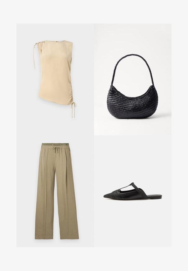 Béžový bezrukávový top s asymetrickým lemem, který má na rameni nařasenou část a nastavitelné šňůrky na jedné straně. Hladká textura.; Kalhoty s širokými nohavicemi v jasném olivově zeleném odstínu. Vyrobeno z měkké, texturované tkaniny s elastickým pasem a stahovací šňůrkou.; Černé kožené slingback boty se špičatou špičkou, s tkaným akcentem a plisovaným designem svršku. Plochá podešev s minimálním kovovým zapínáním.; DRAGON DIFFUSION NOVA LUNA - Kabelka - black