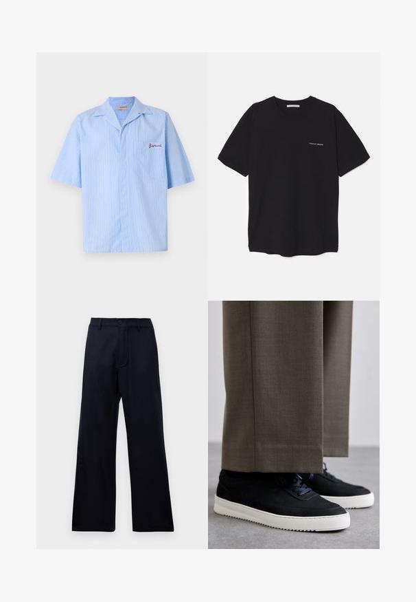 Fiorucci STRIPED LOGO BOWLING SHIRT - Srajca - light blue; Črna bombažna majica s kratkimi rokavi in okroglim ovratnikom, z belim logotipom natisnjenim na levi prsni strani. Preprost, enobarven dizajn.; Črne široke hlače z visokim pasom, z zankami za pas, sprednjim gumbom in zadrgo na enobarvni beli podlagi.; Črne nubuk teniske z belimi gumijastimi podplati, ki imajo zaobljen nos in vezalke, oblečene z sivimi krojenimi hlačami.