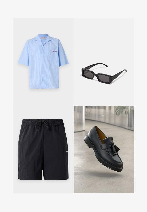 Fiorucci STRIPED LOGO BOWLING SHIRT - Ing - light blue; Fekete fürdőnadrág, textúrált anyagból készült, elasztikus derékpánttal és húzózsinórral, valamint egy kis logóval az oldalon.; Fekete bőr loafer, bojtos részletekkel, sima felülettel és gumitalppal, amely tapadási barázdákkal rendelkezik. Belső részén kontrasztos barna bélés található.; Fekete, téglalap alakú napszemüveg sötét lencsékkel, fényes felülettel, széles szárakkal és masszív keret designnal. Az egyik szárra gravírozott márkanevével.