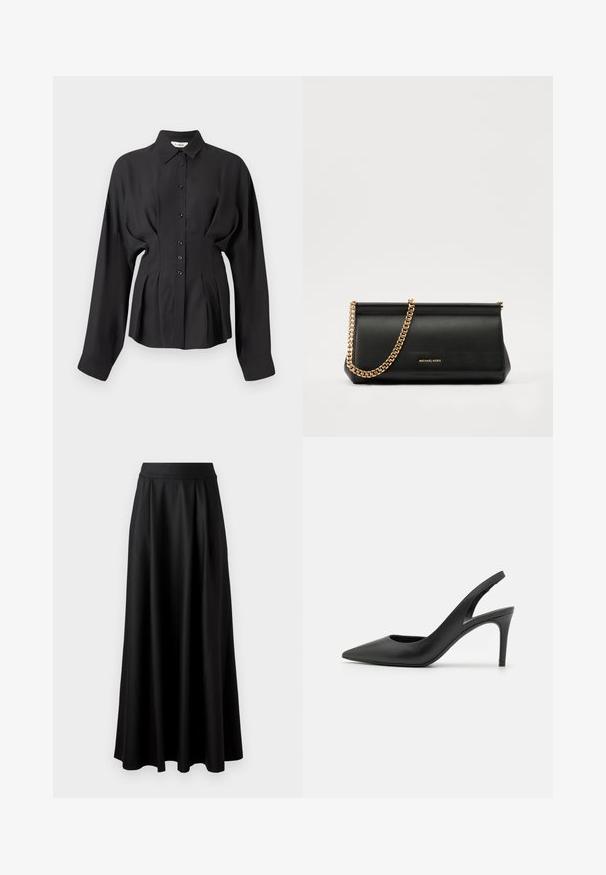 Črna majica z dolgimi rokavi iz gladkega materiala, z gumbom spredaj, ukrivljenim robom in nabranimi detajli na pasu za prilagojen fit.; Črna, dolg krožni krilo z gladko teksturo, širokim pasom in nabranim dizajnom, brez vidnih vzorcev ali okrasnih elementov.; Črne usnjene slingback visokih petah s koničastim nosom, ki vključujejo izrez spredaj in tanko stilettoteko.; Črna usnjena torbica z zlatim verižnim trakom, z gladko teksturo, pravokotno obliko in embosiranim logotipom spredaj.