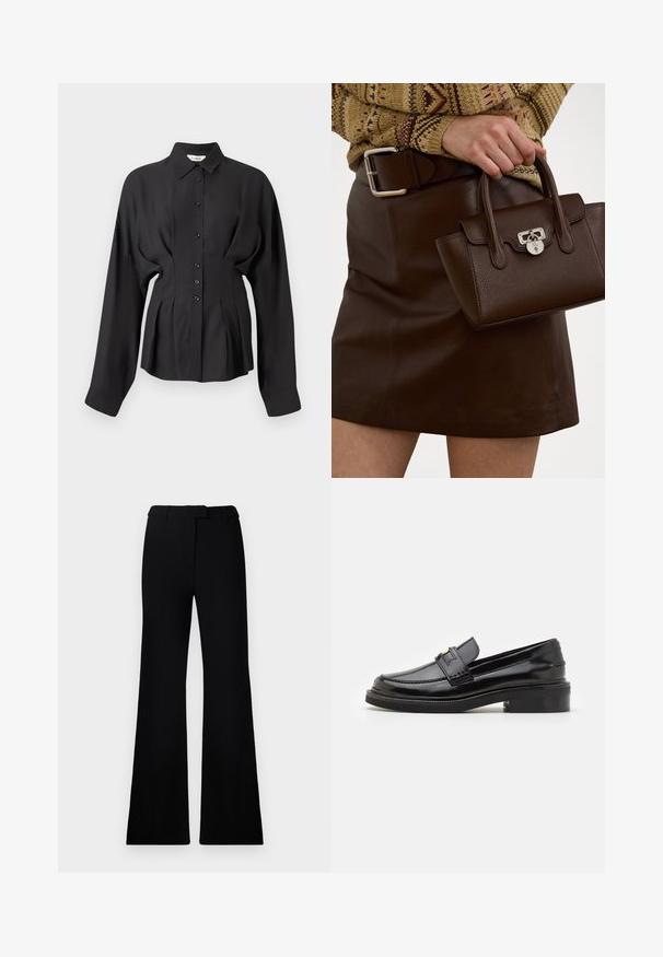 Chemise noire à manches longues en tissu lisse, avec un devant boutonné, un ourlet arrondi et des détails froncés à la taille pour un ajustement cintré.; Pantalons évasés noirs avec une texture lisse, une taille cintrée et des poches avant, conçus avec une silhouette moderne et élégante.; Mocassin en cuir verni noir avec une finition lisse, des détails cousus à l'avant et un petit talon carré pour le soutien. Accent doré sur la sangle.; Sac en cuir marron avec une finition texturée et des accessoires en argent, tenu à la main à côté d'une jupe en cuir marron et d'un pull à motifs.