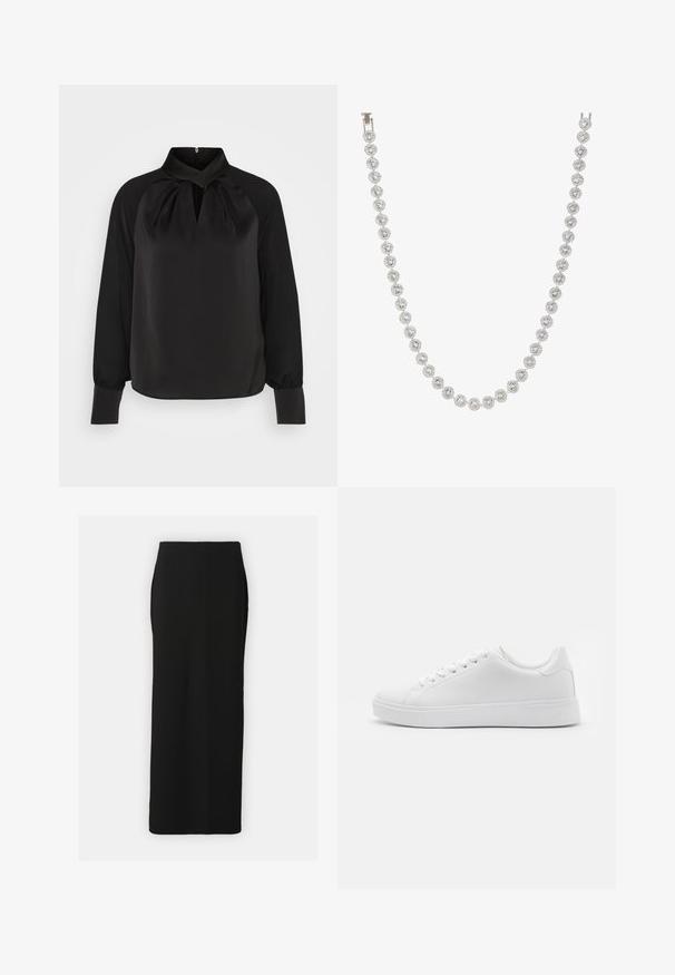 Bluză din satin negru cu guler înalt, detalii pliate la gât și mâneci lungi cu manșete strânse. Textură netedă, design minimalist.; Fustă maxi tricotată, ribbed, de culoare neagră, cu o siluetă dreaptă, fante laterale și o textură netedă. Include un tiv elastic pentru confort.; Adidași albi cu un superior sintetic neted, bot rotund, șase eyeleti pentru șireturi și o talpă din cauciuc de profil jos cu detalii texturate.; Colier de argint cu pietre prețioase rotunde și clare, dispuse într-un design circular, alternate cu accente metalice decorative, textură netedă.
