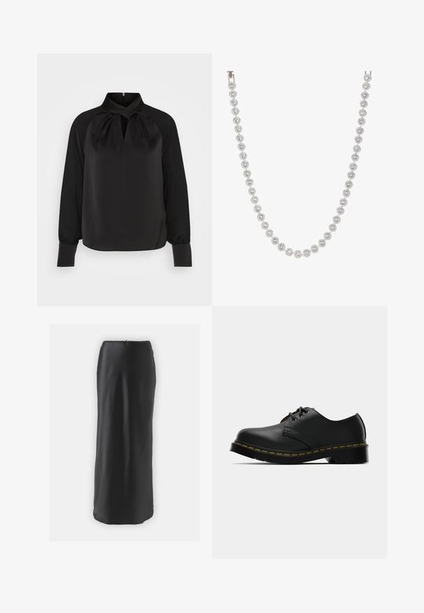 Blouse en satin noir avec un col montant, des détails plissés au niveau du cou, et des manches longues avec des poignets ajustés. Texture lisse, design minimaliste.; ONLY ONLOLIVIA LONG BOW SKIRT - Jupe longue - black; Chaussures en cuir noir avec un bout rond, un laçage, des coutures jaunes le long de la semelle, et une semelle en caoutchouc noir épaisse pour une meilleure traction.; Collier en argent avec des pierres précieuses rondes et transparentes, disposées en motif circulaire, alternant avec des accents métalliques décoratifs, texture lisse.