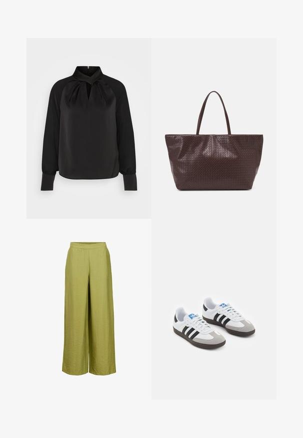 Must must blouse kõrge kaelusega, plisseeritud detailidega kaeluses ja pikkade varrukatega, millel on kitsad mansetid. Sile tekstuur, minimalistlik disain.; Object MIT WEITEM BEIN - Püksid - mosstone; Spordijalatsid valge nahkpealsega, halli nubuk-naha otsaga ja kolme musta triibuga. Omab sinist logo keele peal ja struktureeritud kummitalda.; Pruun punutud nahast kott kahe käepideme ja struktureeritud kuju ning tekstureeritud pinnaga, millel on kogu ulatuses rombikujuline muster.; Hõbe kaelakee, millel on ümmargused, selged vääriskivid, mis on paigutatud ringikujulisse disaini, vaheldumisi dekoratiivsete metallaktsentidega, sile tekstuur.